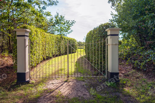Preview: Closed White Painted Iron Gate Between Two White Plastered Stone Pillars. Behind The Gate Is A