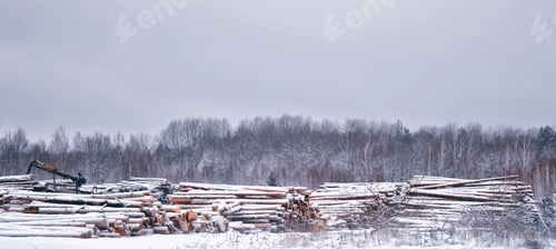 Preview: Landscape. Firewood Stack On Winter Snow In The Forest.