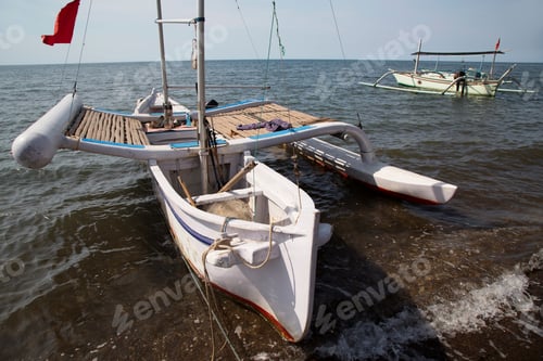 Preview: Typical Indonesian Water Taxi Boats Floating On The Sea For Tourist Trips Like Diving Or Sea Life