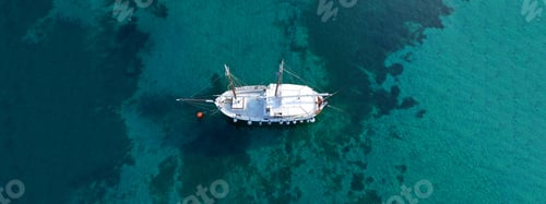 Preview: Aerial Drone Ultra Wide Photo Of Traditional Fishing Boat Docked In Old Port Of Mykonos Island