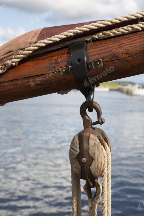 Preview: Sailing Rigging Detail with Wooden Pulley and Rope