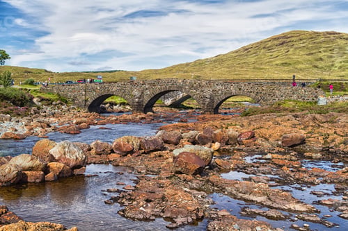 Preview: Old Vintage Brick Bridge Crossing River In Sligachan, Isle Of Skye, Scotland With Scottish