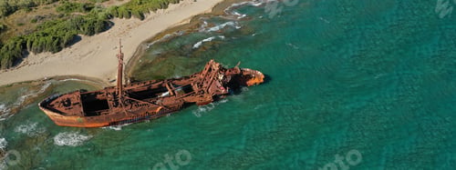 Preview: Aerial Drone Ultra Wide Photo Of Famous Abandoned Old Rusty Shipwreck Of Dimitrios In Selinitsa Bay