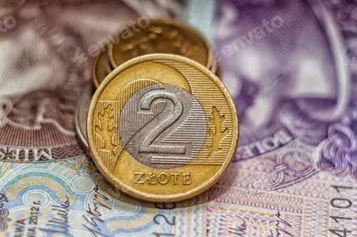 Preview: Polish Money (2 Zlote Coin) Over Notes Background.
