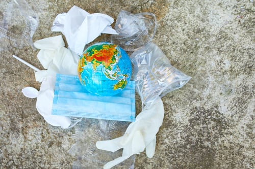 Preview: A Globe In A Pile Of Scattered Garbage On Road Background , Around Scattered Plastic, Protective