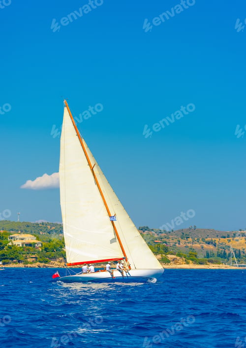 Preview: Classic Wooden Sailing Boat In A Race, Spetses Island In Greece