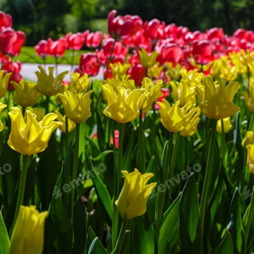 Preview: Spring Blooming Tulip Flowrs Blossom Scene. Tulips In Spring Blooming Garden. Tulip Festival In