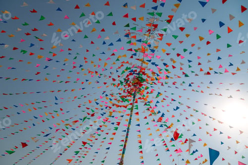 Preview: Multi-Color Triangle Pray Flags At Thai Celebration Festival With Cloud And Blue Sky Background