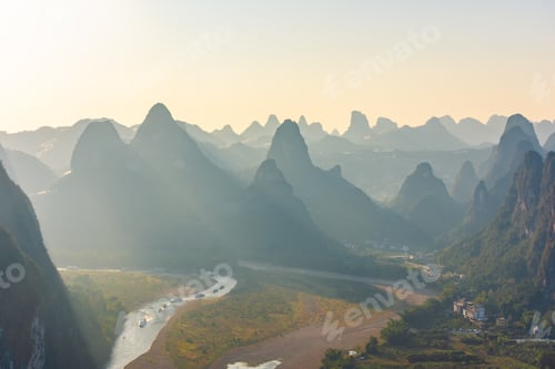 Preview: Sunlight Over The Beautiful Karst Landscape Of Xingping, Guilin, China