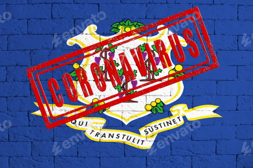 Preview: Flag Of The State Of Connecticut Painted On Grungy Brick Wall Background. With Stamp Coronavirus