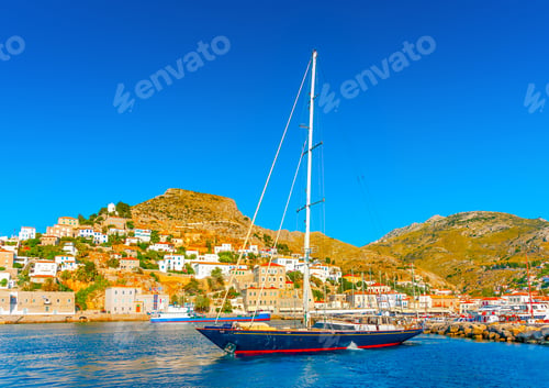Preview: Big Beautiful Sailing Yacht In The Port Of Hydra Island In Greece