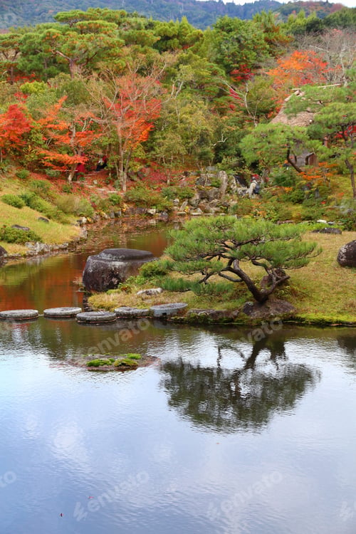 Preview: Nara, Japan. Beautiful Traditional Japanese Garden In Autumn - Isuien Garden. Autumn Foliage.