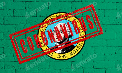 Preview: Flag Of The State Of Washington Painted On Grungy Brick Wall Background. With Stamp Coronavirus