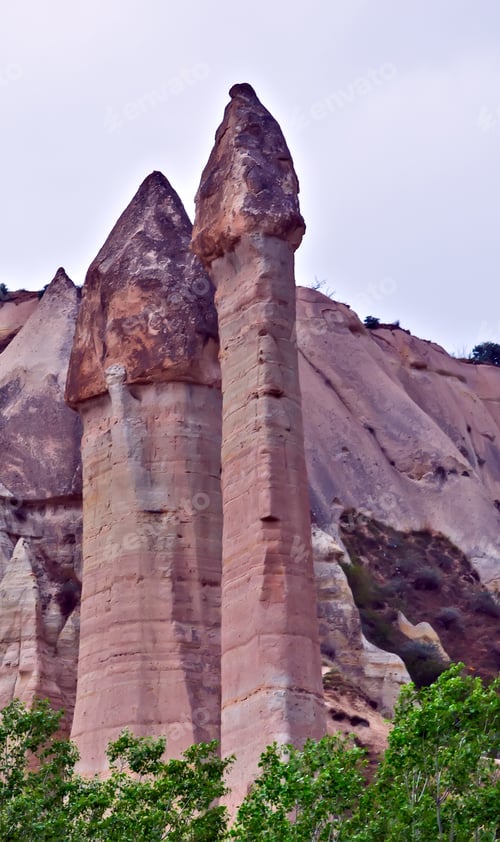 Preview: Love Valley Needles Striped, Volcanic Tuff Named Phallic Rock Pillar. Rocky Landscape Of Cappadocia