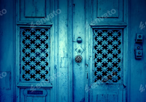 Preview: Old Decorated Door In Blue, Detail Of Urban Decoration, Protection