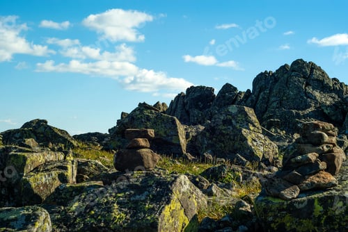 Preview: Stone Pyramid - A Road Sign For The Designation Of A Trail In The Fog - In A Beautiful Mountainous