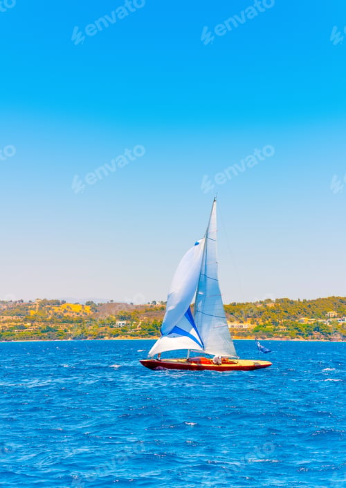 Preview: Old Classic Wooden Racing Sailing Boat, During A Classic Boats Regatta In Spetses Island In Greece