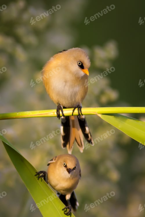 Preview: Cute Bird. Green Reeds. Nature Background Bearded Reedling / Panurus Biarmicus