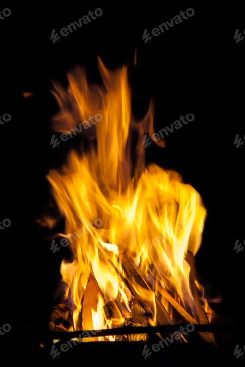 Preview: Powerful High Flame Burning Wood On Black Background In Stoves