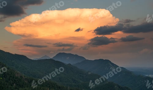 Preview: Vivid Sunset In The Hills With A Great View Over The Valley. Amazing Clouds At Sunset.
