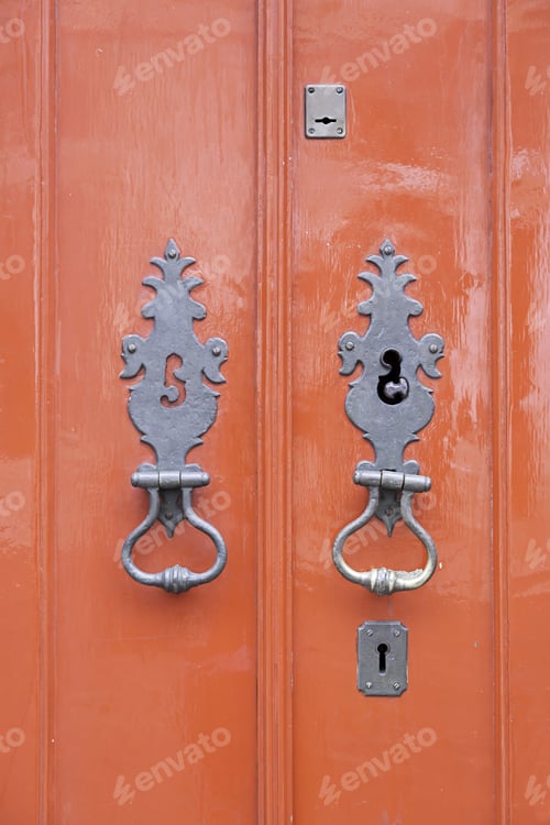 Preview: Old Red Wooden Door, Detail Of A Red Painted Decoration And Door Security