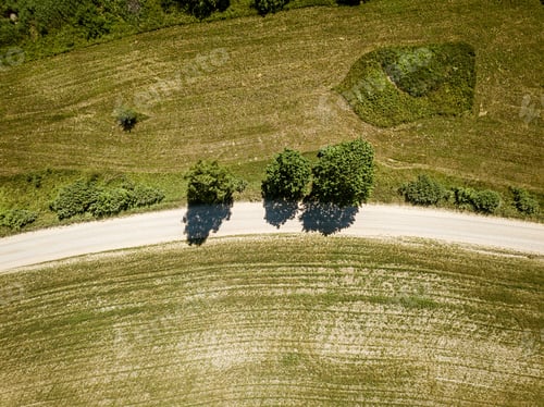Preview: Country Road In Green Forest And Fields Drone Aerial Image. Birds Eye View