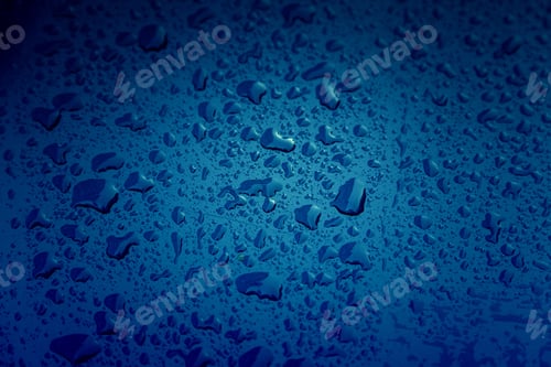Preview: Rain Drops, Detail Of A Wet Blue Background, Cold And Texture