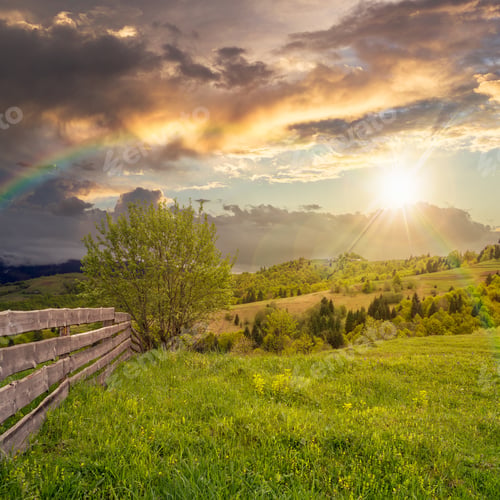 Preview: Autumn Landscape. Fence Near The Meadow Path On The Hillside. Forest In Fog On The Mountain At