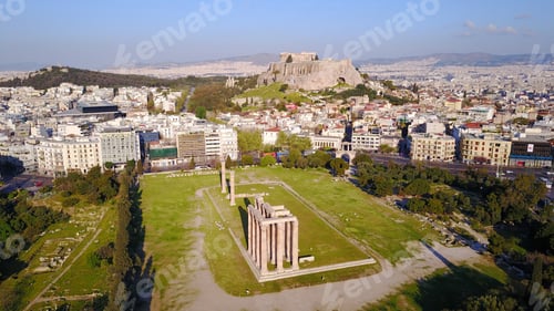 Preview: Aerial Birds Eye View Photo Taken By Drone Of Iconic Pillars Of Temple Of Zeus And Acropolis Hill