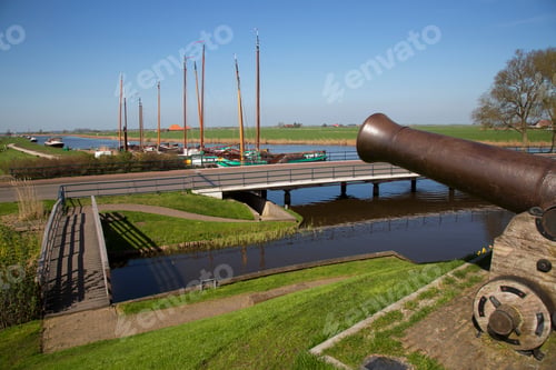 Preview: Typical Dutch Historic Fortified City Sloten With Cannons As Touristic Street Furniture, (Skutjes)