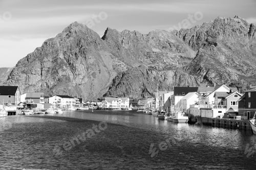 Preview: Lofoten Islands In Norway. Henningsvaer Fishing Village In Nordland County. Black And White Retro