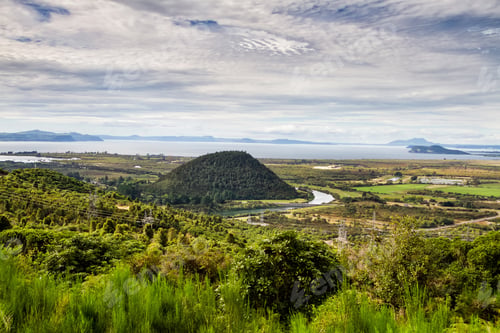 Preview: Beautiful Farmland View In Summer On North Island In New Zealand. Panoramic View Of Lake Taupo