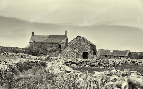 Preview: Ruined Farm Buildings Photographed In High Contrast Monochrome.