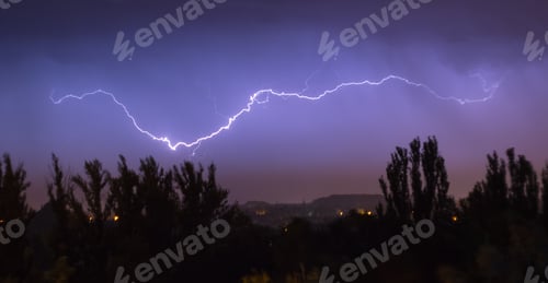 Preview: Night Lightning Storm Over City In Blue Dramatic Lighting