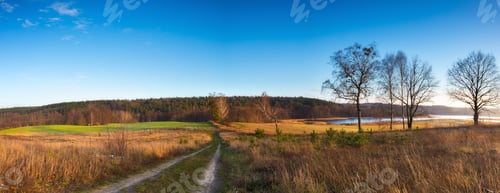 Preview: Panoramic Landscape Of Fields At Late Autumn Or Winter With Little Snow And Withered Trees And