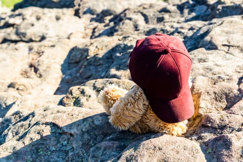 Preview: Teddy Bear In Cap Sitting On A Rock.