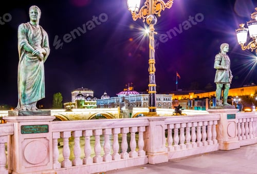 Preview: Night View Of The National Theatre In Skopje Situated Behind The Famous Stone Bridge