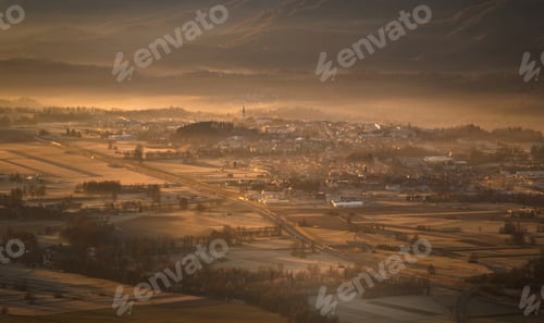 Preview: Golden Sunrise Over The Villages In Slovenian Countryside.