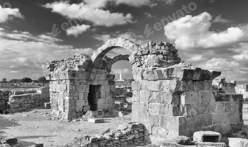 Preview: Ancient Ruined Archways At Kato Pafos, Cyprus With The Lighthouse Behind. A High Contrast