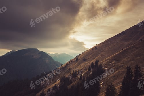 Preview: Sunset In The Hills With The Valley Below. Dramatic Clouds At Dusk.