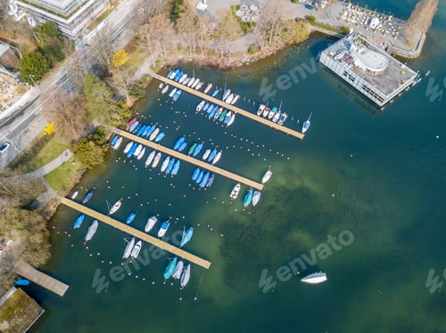 Preview: Aerial View Of Yacht Marina On Lake In Switzerland. Pier With Boats Parked Near Shore