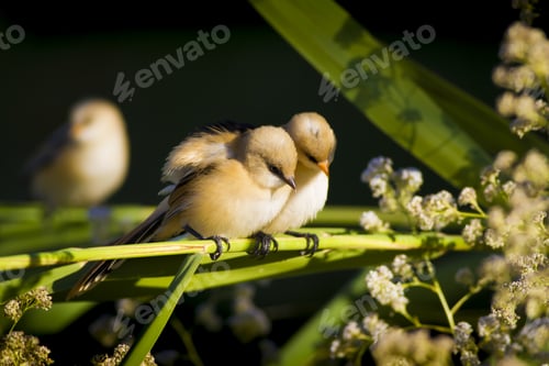 Preview: Cute Birds. Green Nature Background. Bearded Reedling / Panurus Biarmicus