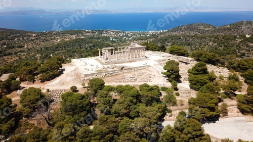 Preview: Aerial Drone Bird'S Eye Photo Of Iconic Temple Of Aphaia With Views Of Agia Marina And Saronic