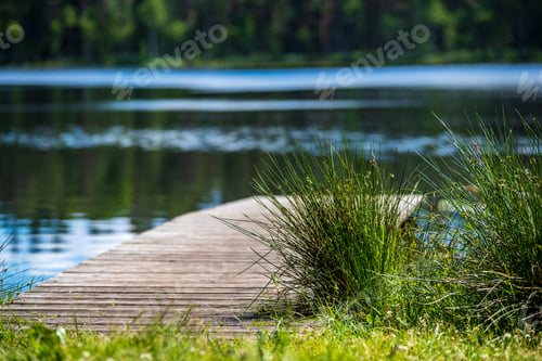 Preview: Wooden Plank Foothpath Boardwalk Trampoline In The Lake With Blue Water In Summer