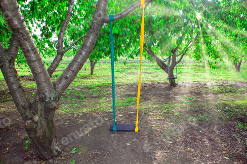 Preview: Rustic Playground In The Garden With Swings . Cherry Trees In The Springtime