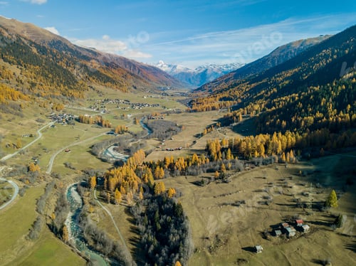 Preview: Aerial View Of Mountain Valley In Switzerland. Fall Colors During Indian Summer
