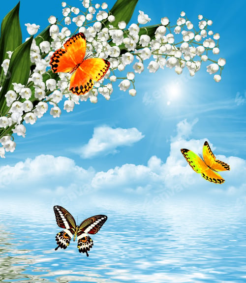 Preview: The Branch Of White Flowers Lily Of The Valley On A Background Of Blue Sky With Clouds. Butterfly