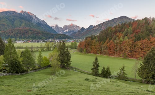 Preview: Kranjska Gora Town At Sunrise With Mountains In The Background