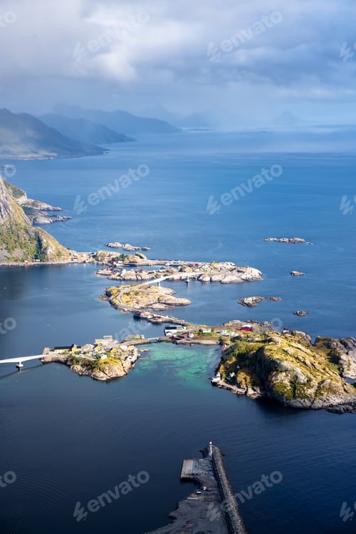 Preview: Sunny Aerial Panoramic View On Stunning Mountains And Village Of Reine In Lofoten Islands, Norway