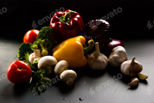 Preview: Still Life - Set Of Pizza On Black Background - Mushrooms, Cauliflower, Broccoli, Green Beans